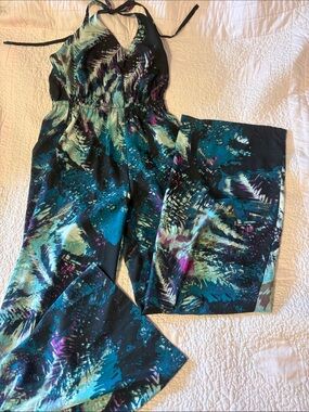 bebe Teal, Black & Aqua Halter Jumpsuit